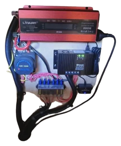 The electrical panel: inverter, solar controller, battery isolator and fuse block